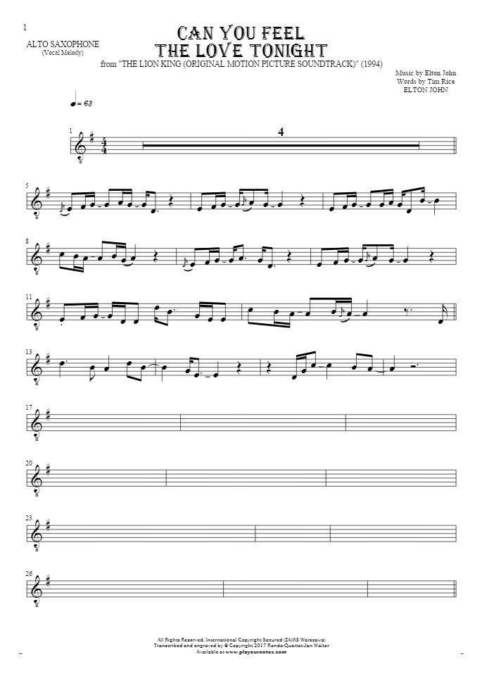 Can You Feel the Love Tonight - Notes for alto saxophone - melody line
