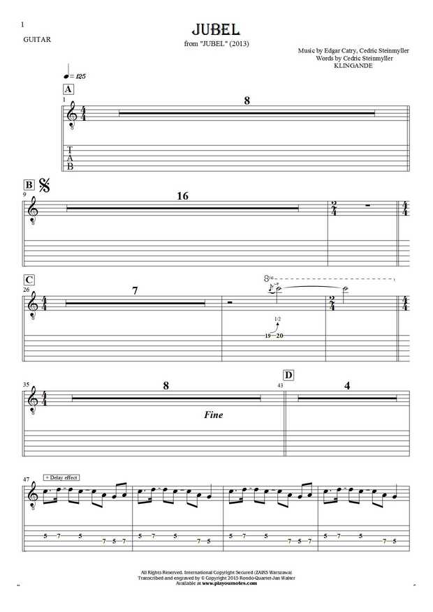 Jubel - Notes and tablature for guitar