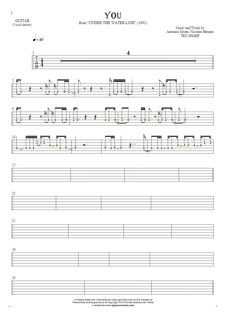 You - Tabulatura (wartości rytm.) na gitarę - linia melodyczna