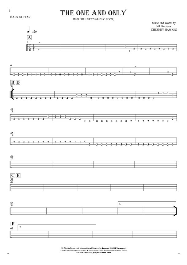 The One And Only - Tablature for bass guitar