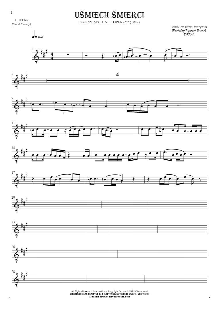 Smile of Death - Notes for guitar - melody line