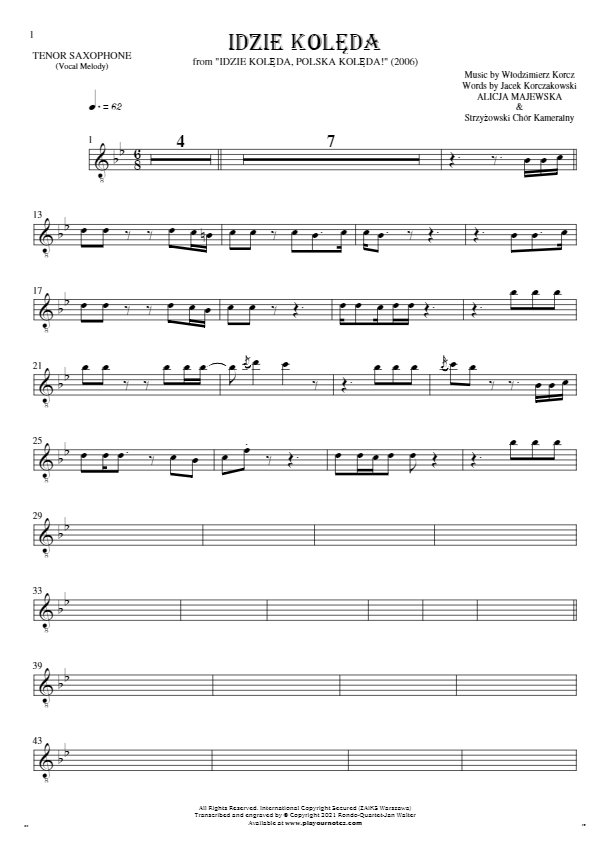 Idzie kolęda - Notes for tenor saxophone - melody line