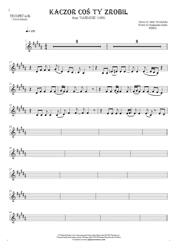 Kaczor coś ty zrobił - Notes for trumpet - melody line