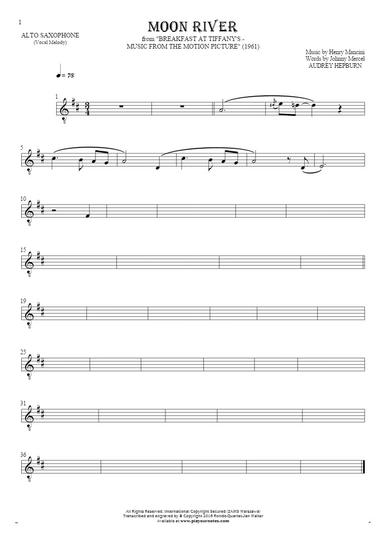 Moon River - Notes for alto saxophone - melody line