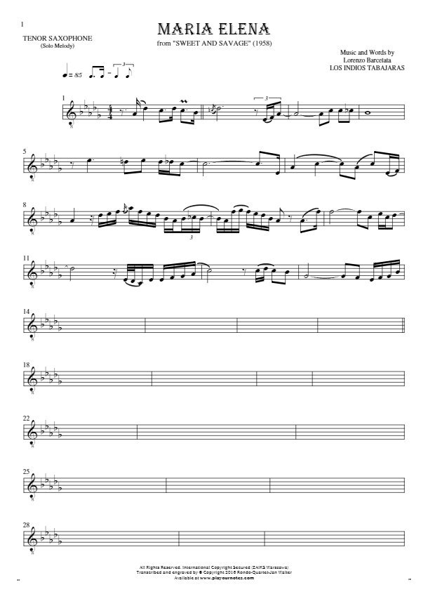 Maria Elena - Notes for tenor saxophone - melody line