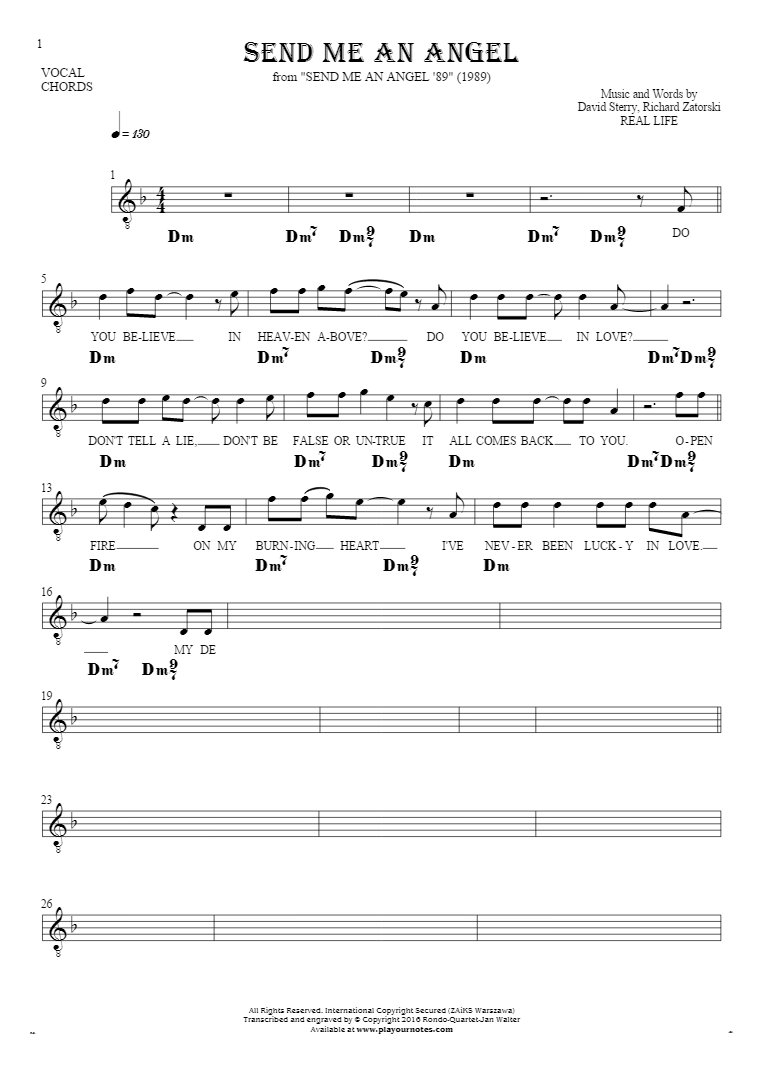 Send Me An Angel - Notes, lyrics and chords for vocal with accompaniment