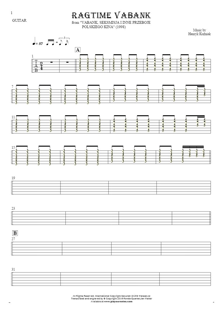 Ragtime Vabank - Tablature (rhythm values) for guitar
