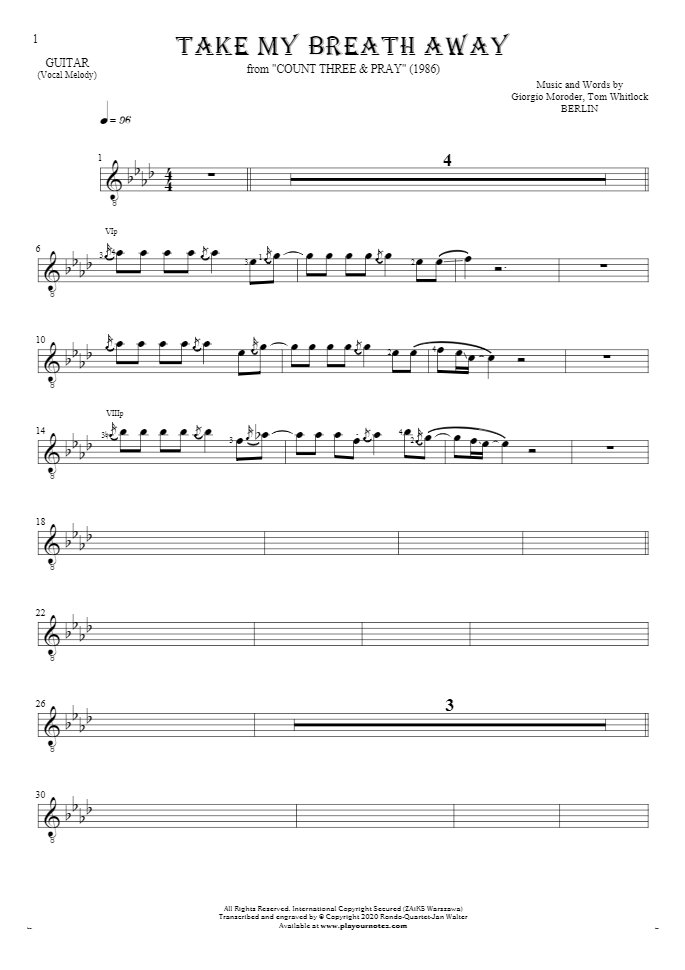 Take My Breath Away - Notes for guitar - melody line