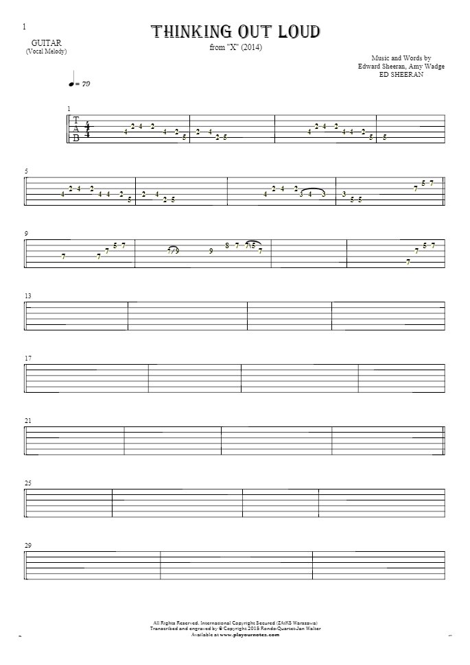 Thinking Out Loud - Tablature for guitar - melody line