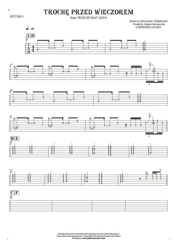 Trochę przed wieczorem - Tablature (rhythm values) for guitar - guitar 3 part