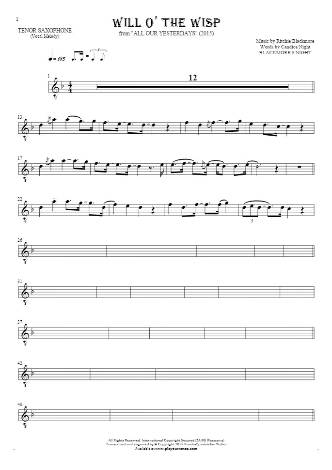 Will O' The Wisp - Noten für Tenor Saxophon - Melodielinie