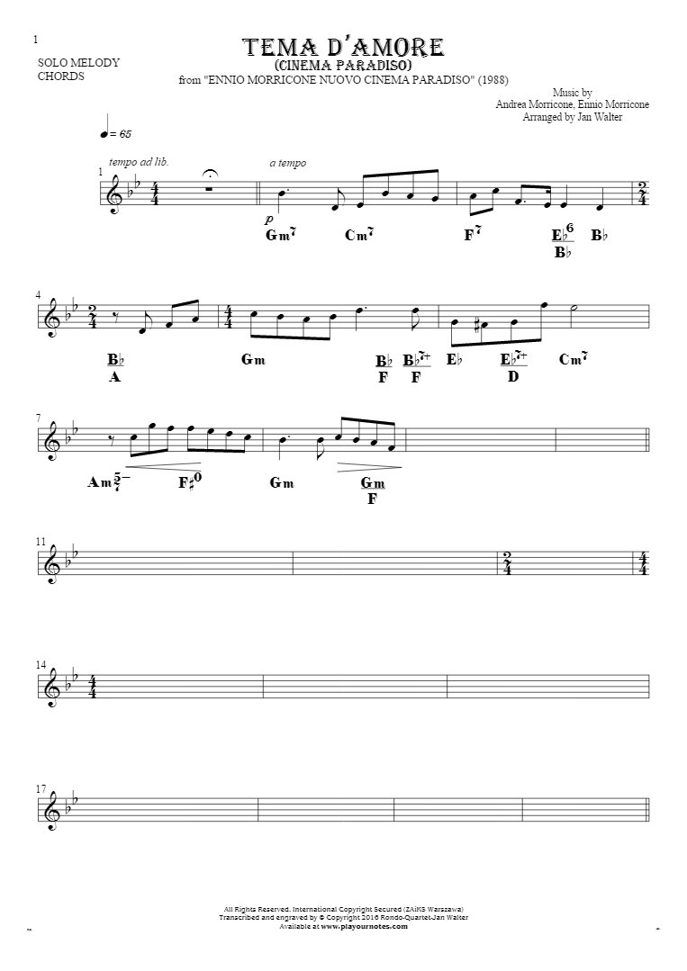 Love Theme (Cinema Paradiso) - Notes and chords for solo voice with accompaniment