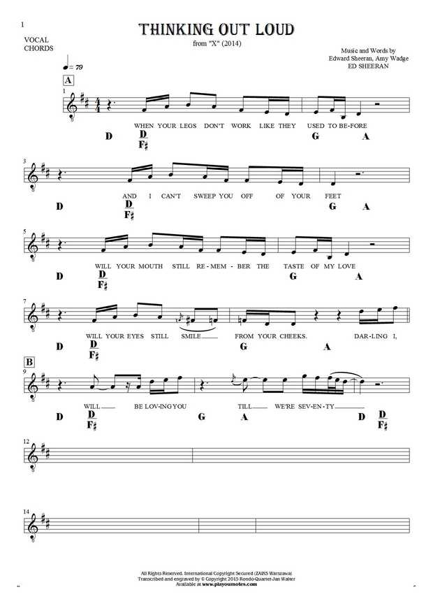 Thinking Out Loud - Notes, lyrics and chords for vocal with accompaniment