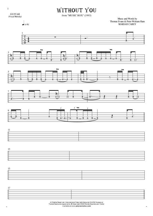 Without You - Tablature (rhythm. values) for guitar - melody line