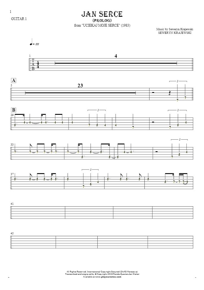 Jan Serce - Prolog - Tablature (rhythm. values) for guitar - guitar 1 part