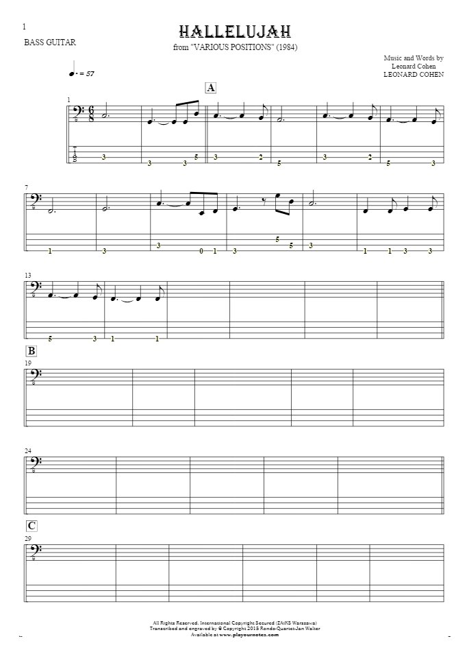 Hallelujah - Notes and tablature for bass guitar