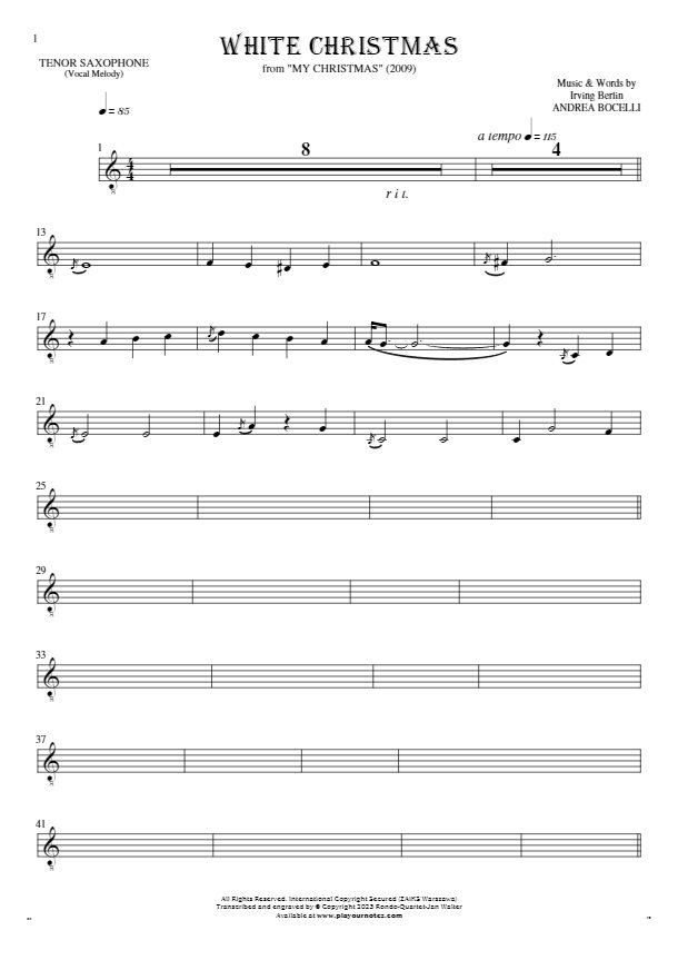 White Christmas - Notes for tenor saxophone - melody line