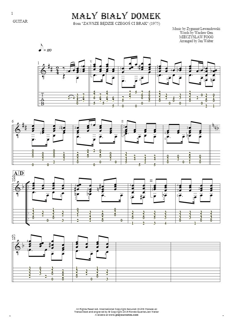 Mały biały domek - Notes and tablature for guitar - accompaniment