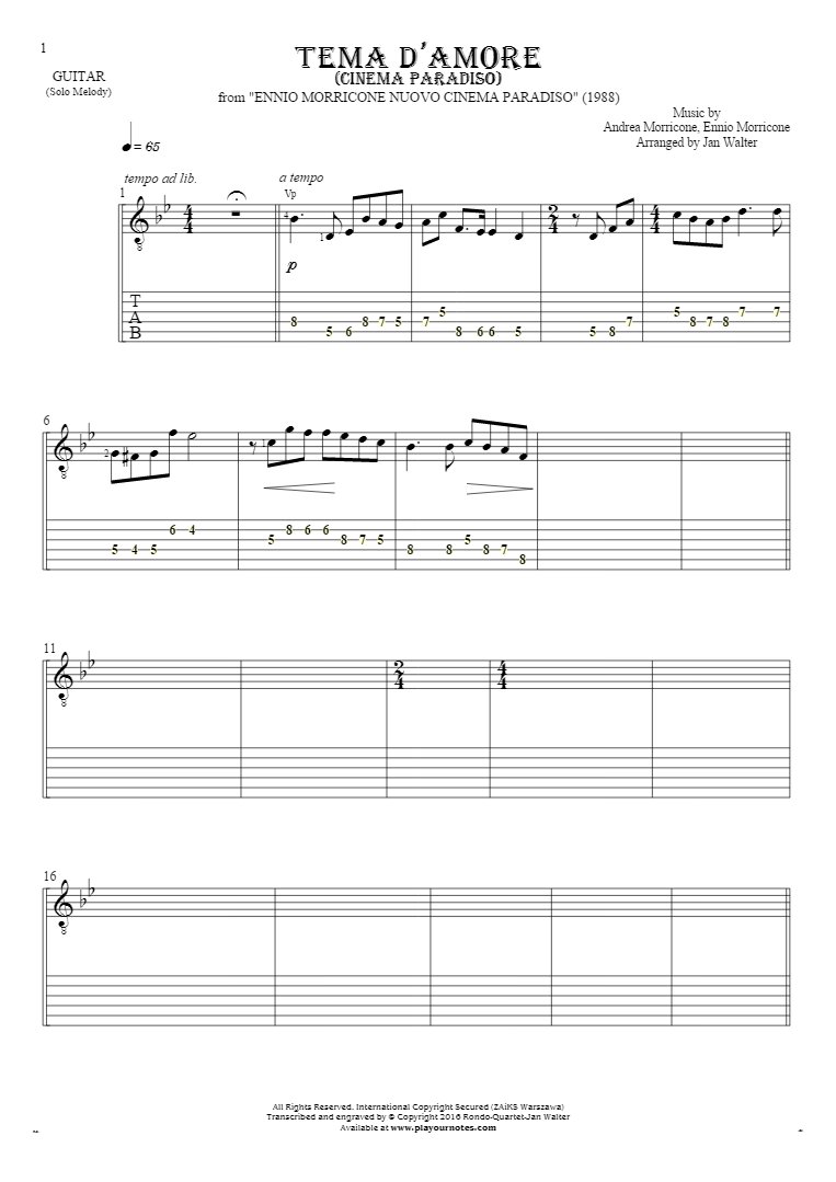 Love Theme (Cinema Paradiso) - Notes and tablature for guitar - melody line