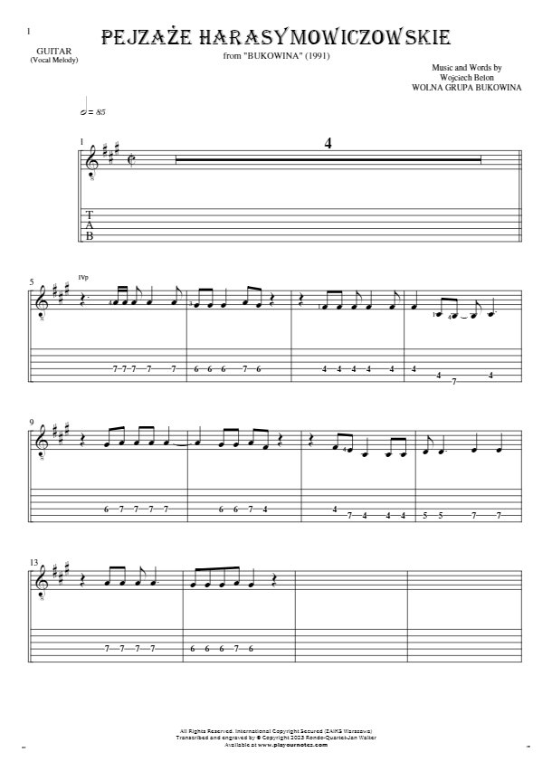 Pejzaże harasymowiczowskie - Notes and tablature for guitar - melody line