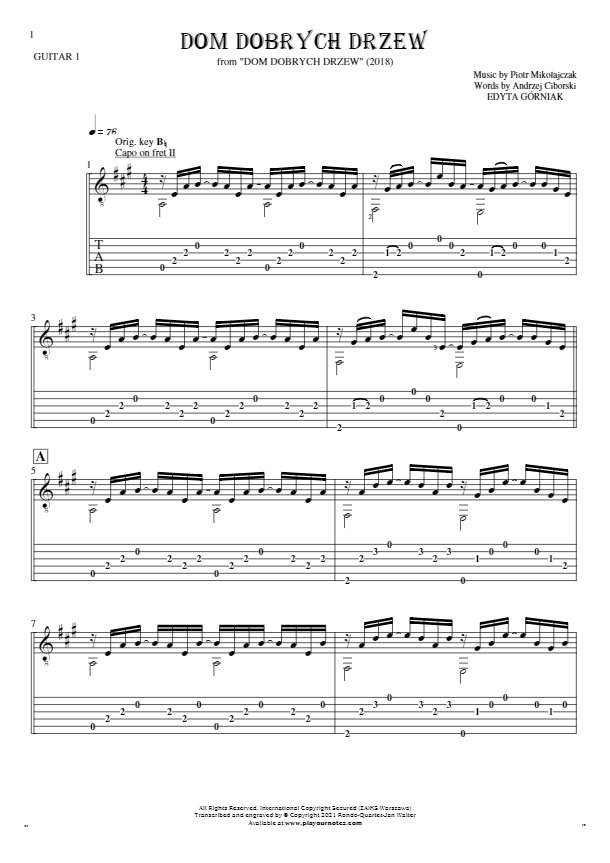 Dom dobrych drzew - Noten (in Transposition) und Tabulatur für Gitarre - Gitarrestimme 1