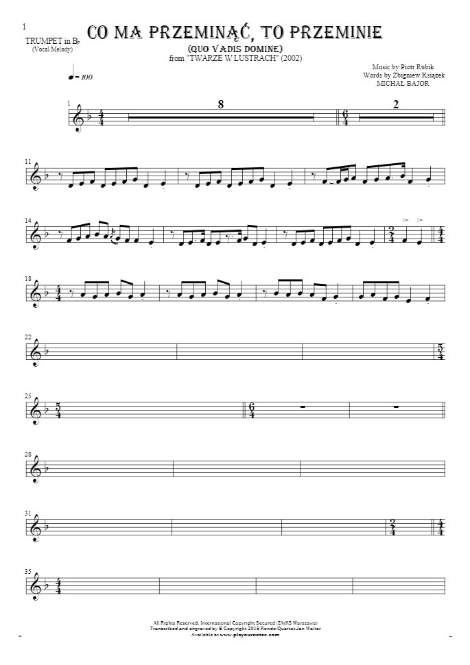 Co ma przeminąć, to przeminie (Quo Vadis Domine) - Notes for trumpet - melody line