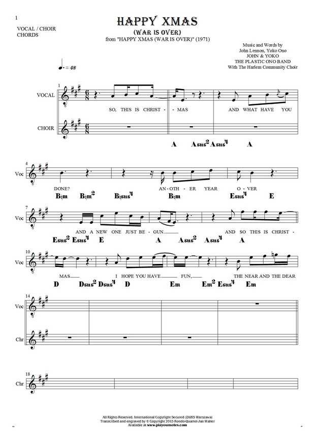 Happy Xmas (War Is Over) - Notes, lyrics and chords for solo voice with accompaniment