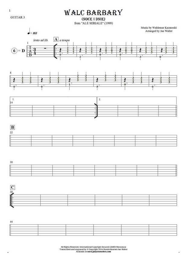 Walc Barbary (Noce i Dnie) - Tablature (rhythm values) for guitar - guitar 3 part