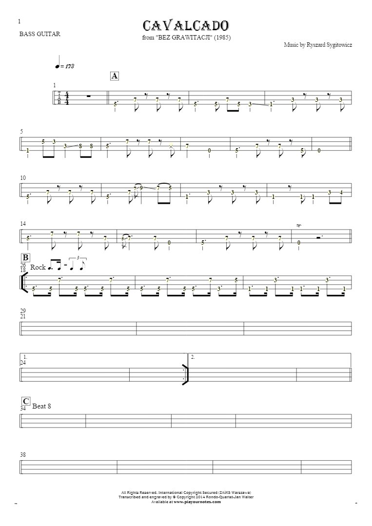 Cavalcado - Tablature (rhythm values) for bass guitar
