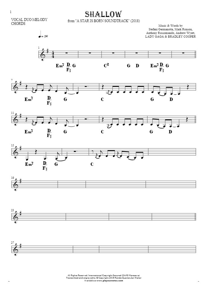 Shallow - Notes and chords for solo voice with accompaniment