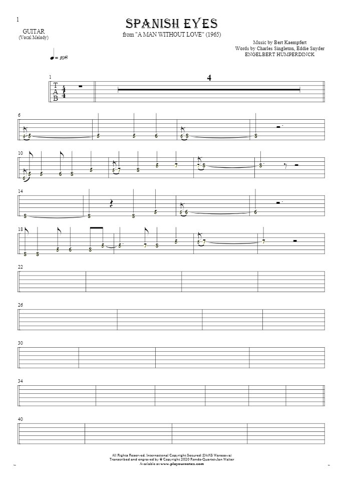 Spanish Eyes - Tablature (rhythm. values) for guitar - melody line