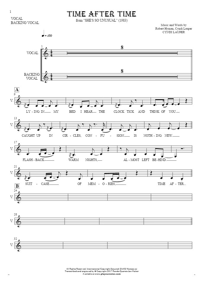 Time After Time - Notes and lyrics for vocal