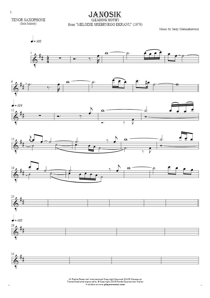 Janosik - Führende Motiv - Noten für Tenor Saxophon - Melodielinie
