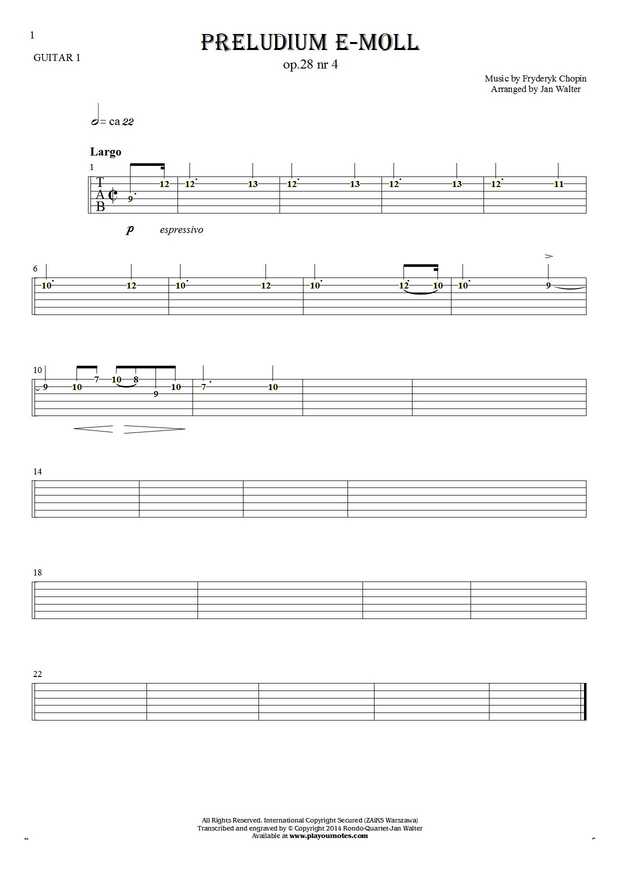 Prelude e-minor op. 28 nr 4 - Tablature (rhythm values) for guitar - guitar 1 part