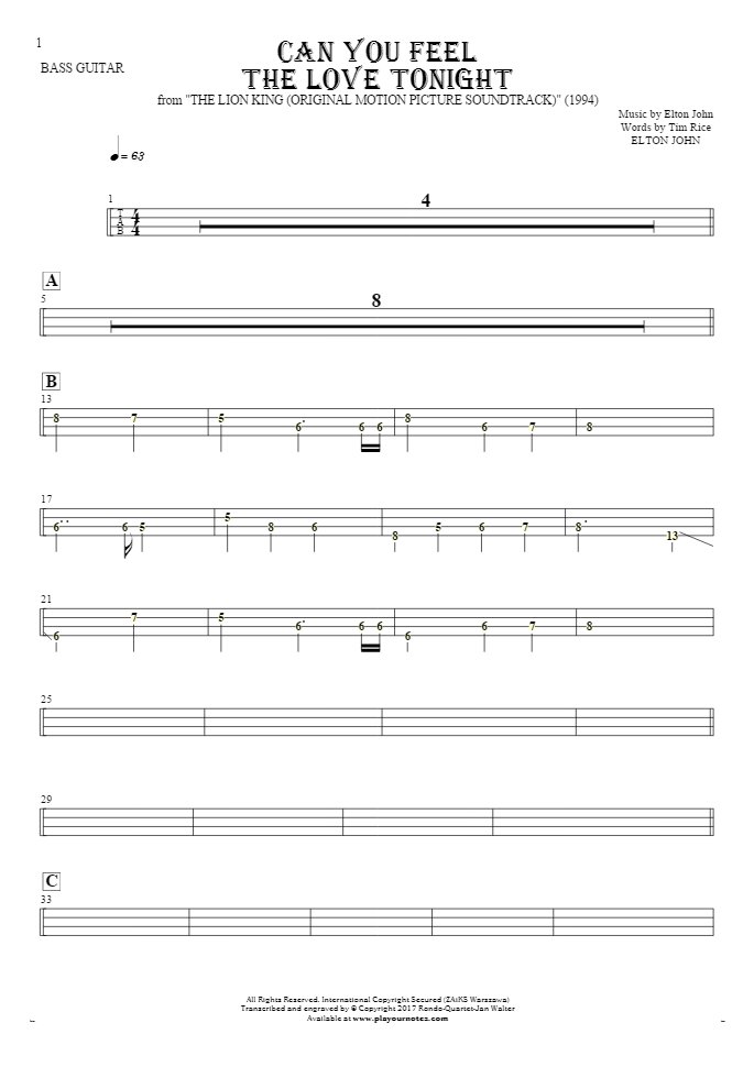 Can You Feel the Love Tonight - Tablature (rhythm. values) for bass guitar
