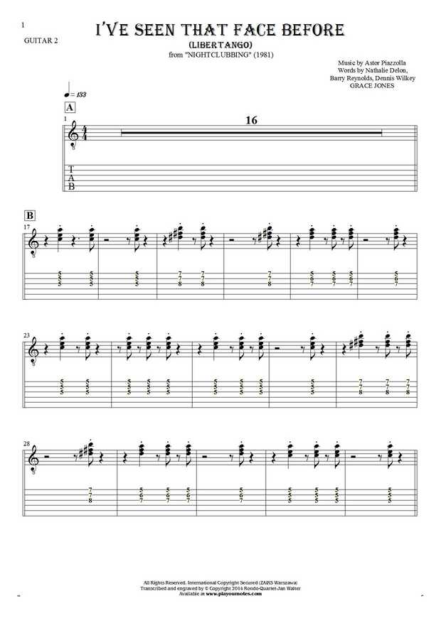 I've Seen That Face Before - Libertango - Notes and tablature for guitar - guitar 2 part