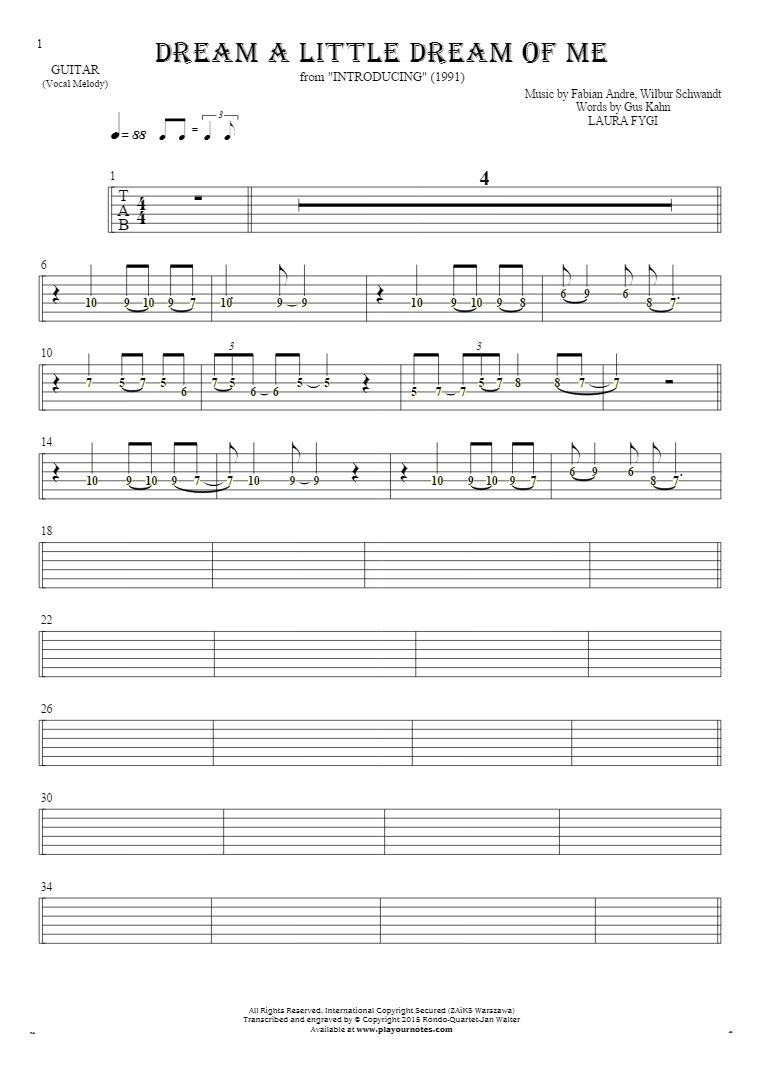 Dream a Little Dream of Me - Tablature (rhythm values) for guitar - melody line