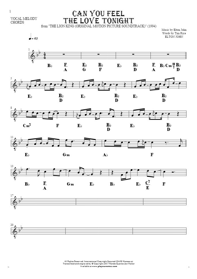 Can You Feel the Love Tonight - Notes and chords for solo voice with accompaniment