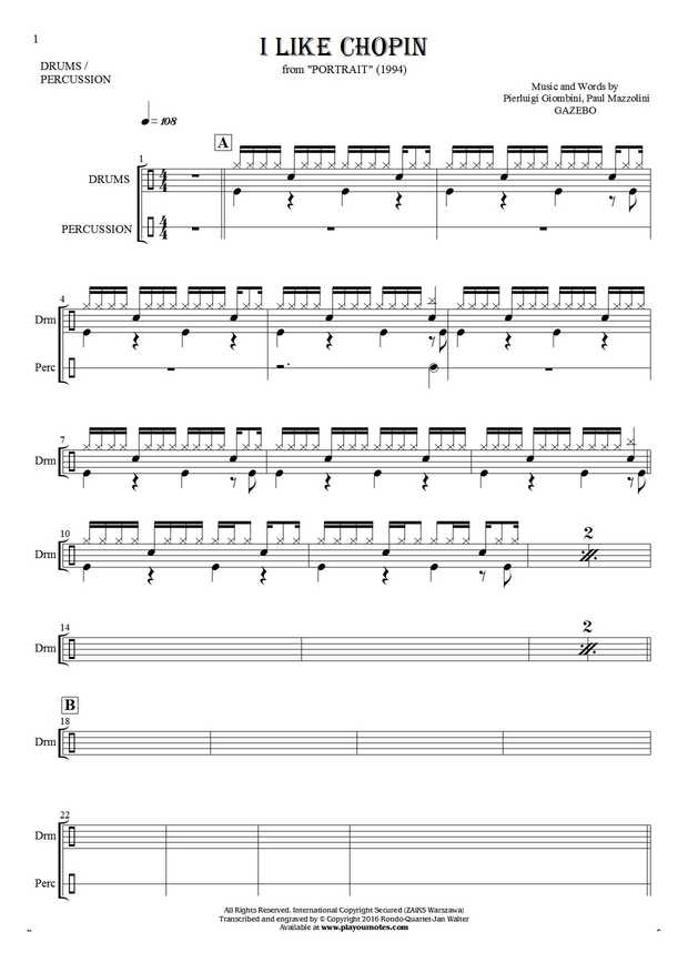 I Like Chopin - Notes for drum kit and percussion instruments