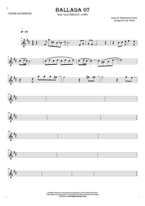Ballada 07 - Notes for tenor saxophone - melody line