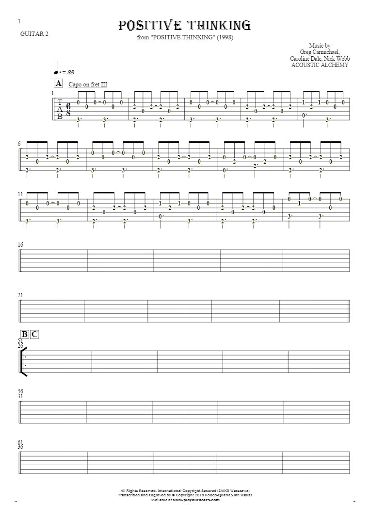 Positive Thinking - Tablature (rhythm. values) for guitar - guitar 2 part