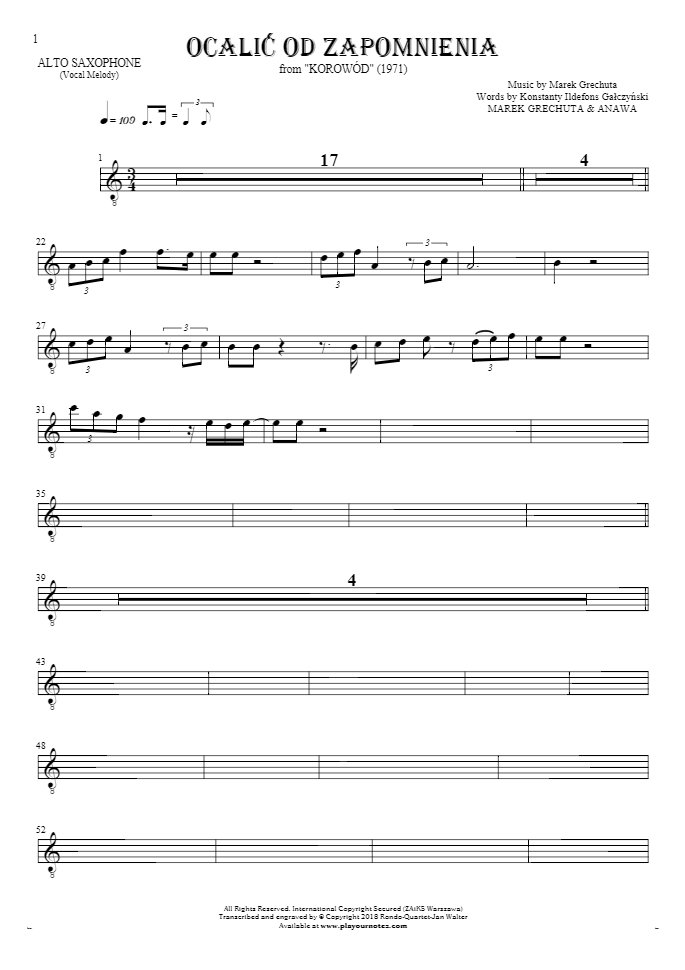 To Save from Oblivion - Notes for alto saxophone - melody line
