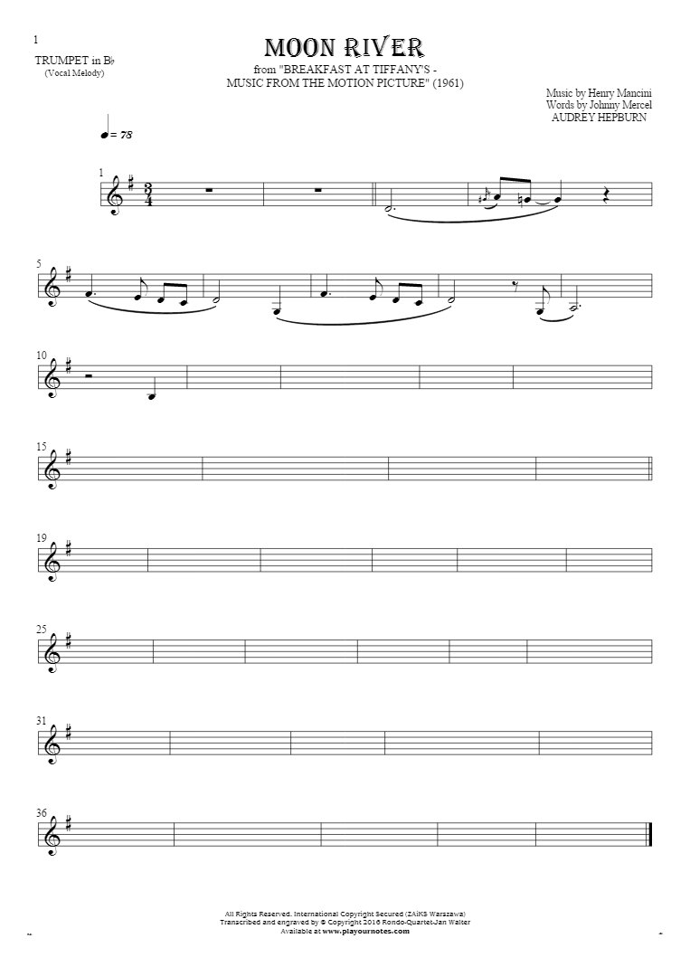 Moon River - Notes for trumpet - melody line