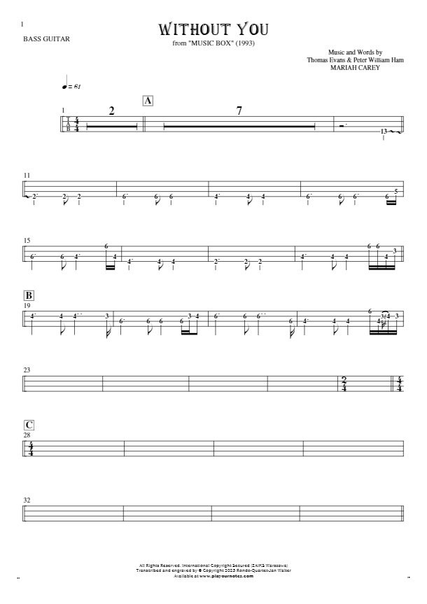 Without You - Tablature (rhythm. values) for bass guitar