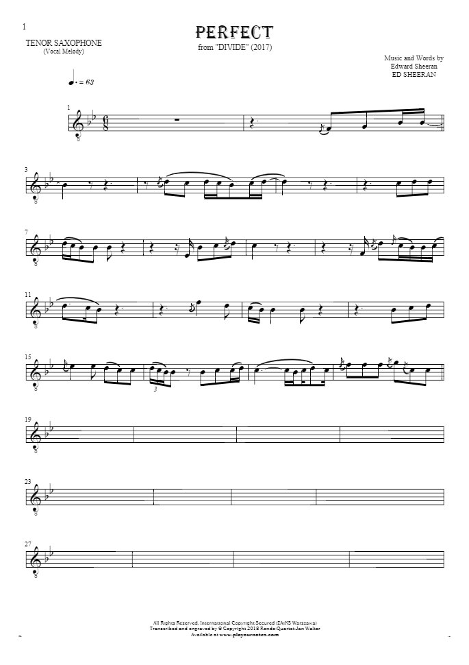 Perfect - Notes for tenor saxophone - melody line