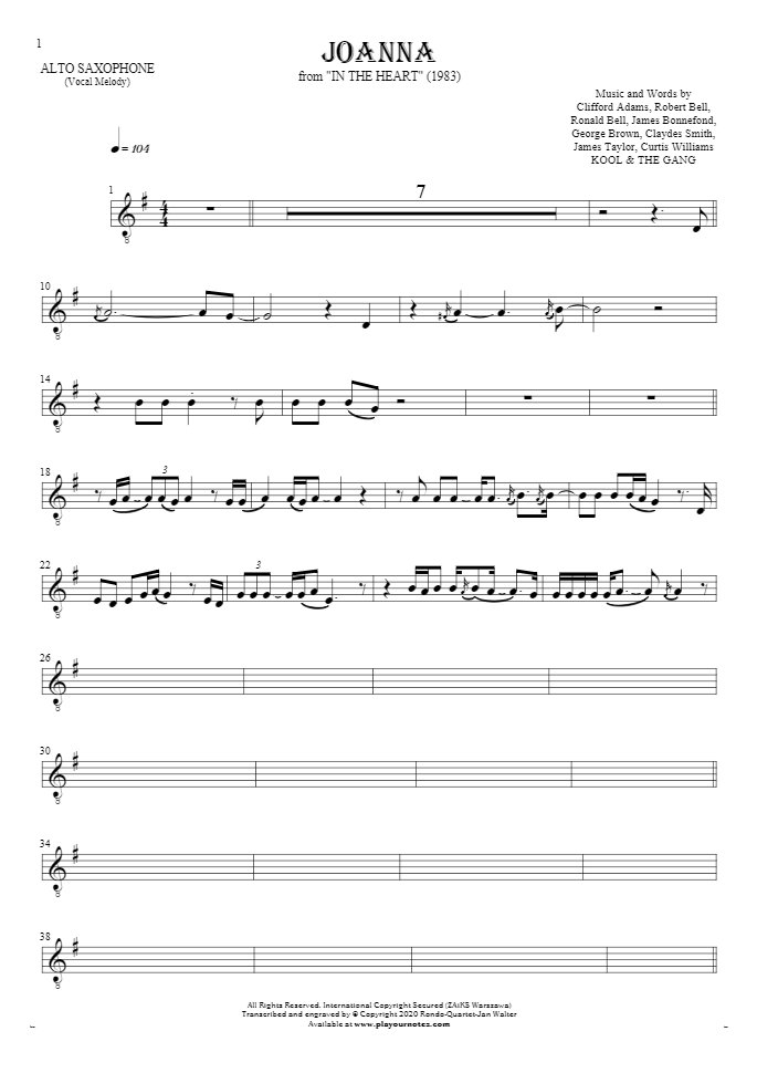 Joanna - Notes for alto saxophone - melody line