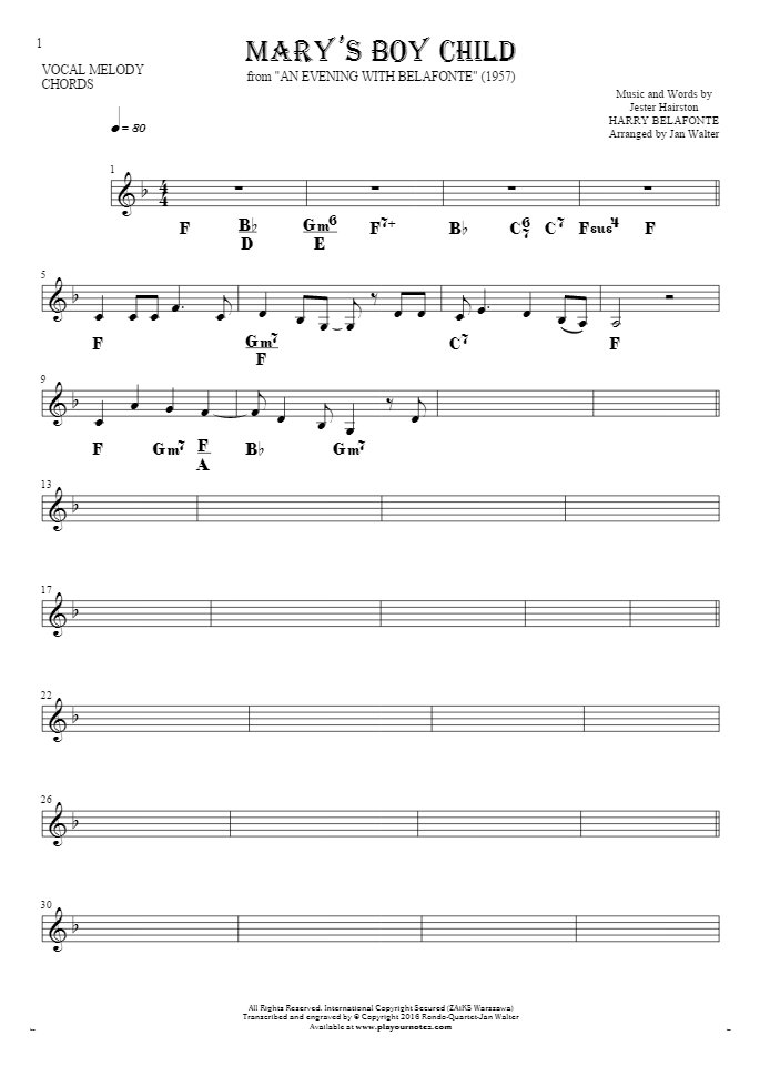 Mary's Boy Child - Notes and chords for solo voice with accompaniment