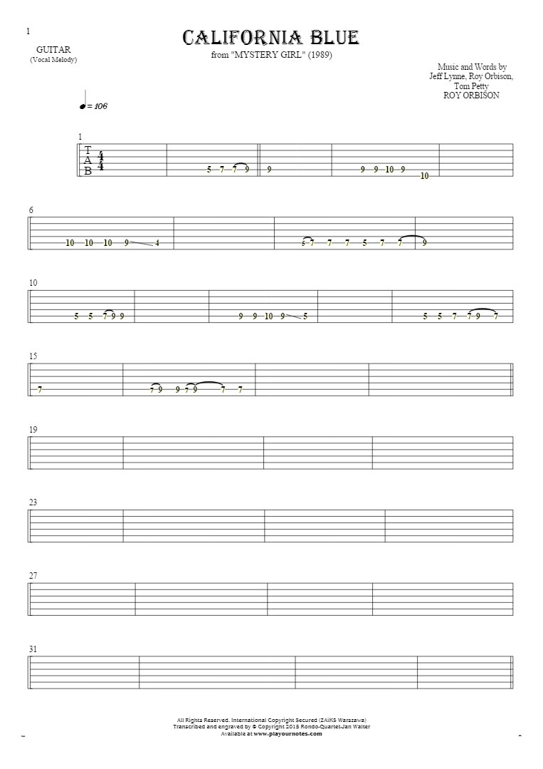 California Blue - Tablature for guitar - melody line