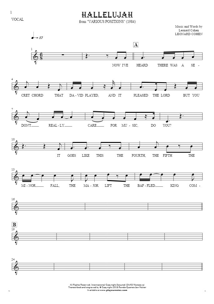 Hallelujah - Noten und Liedtekst für Gesang