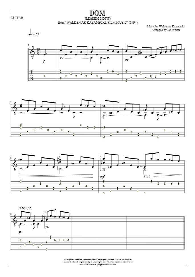 Dom - motyw główny - Nuty i tabulatura na gitarę solo (fingerstyle)